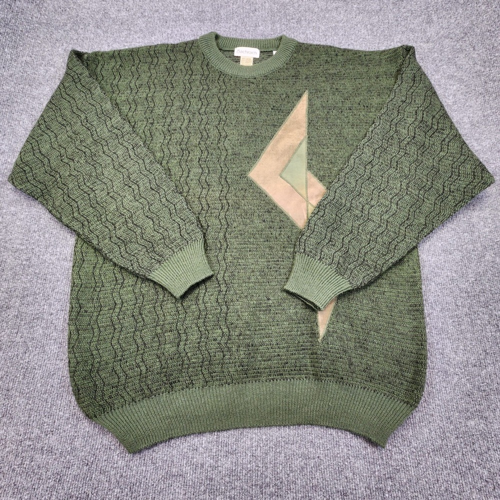 Bachrach Wool Alpaca Sweater Mens L Green Vintage Geometric‎ Lightning Bolt 90s